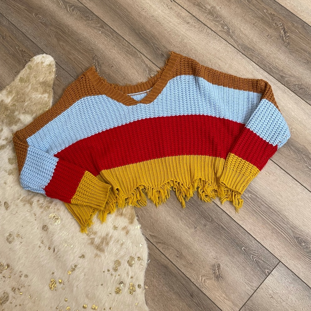Colorblock striped red blue yellow ripped distressed sweater - Picture 2 of 5